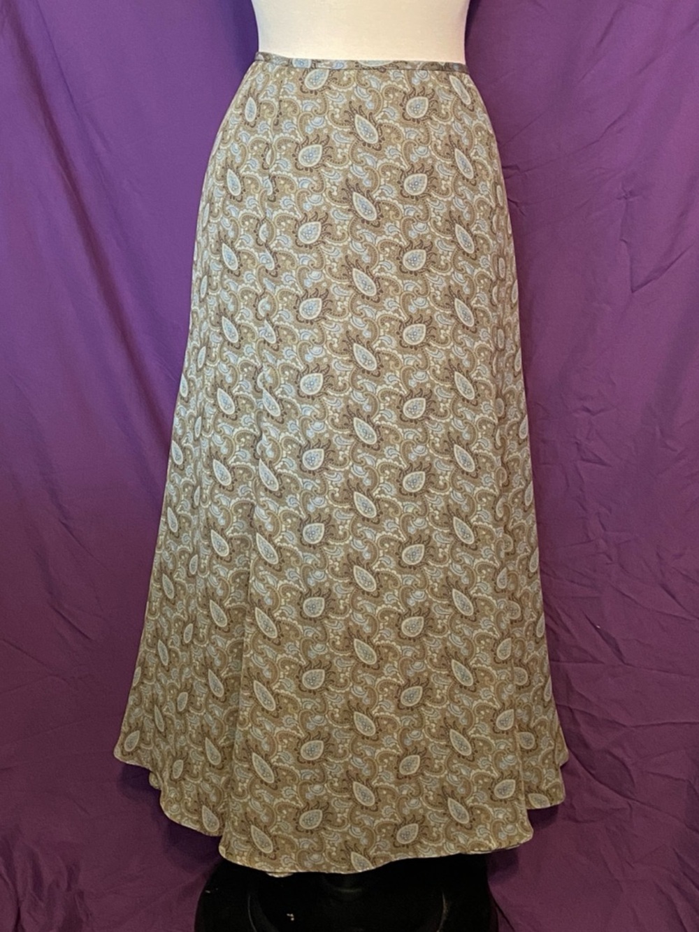 Vintage 90s Rena Rowan Taupe and Light Blue Paisley Maxi Skirt. Size 14.